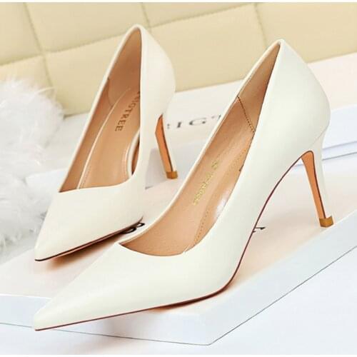 2021 Fashion Women 7.5cm Thin High Heels Wedding Pumps Leather White Yellow Nude Heels Pumps Bridal Pumps Office Ladies Shoes