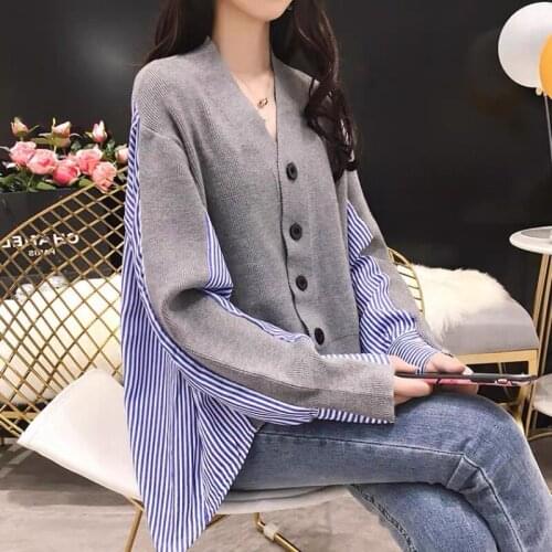 Spring 2020 New Womens Outer Wear V-neck Sweater Jacket Fresh And Sweet Printing Stitching Thin Knitted Cardigan Cotton Female