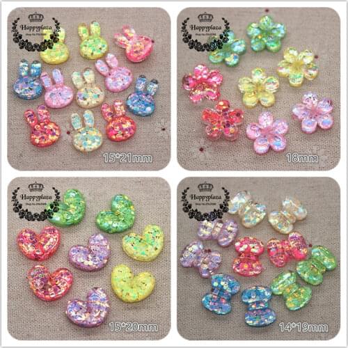 20pcs Middle Size New Mix Colors Glitter Resin Flower/Bow/Rabbit/Seashell/Heart Flatback Cabochon DIY Phone/Craft Decoration