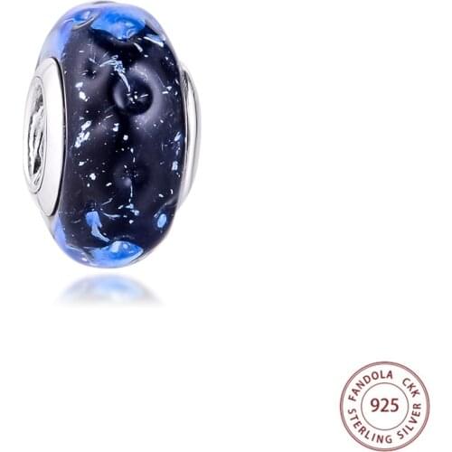CKK 925 Sterling Silver Wavy Dark Blue Murano Glass Ocean Charms Beads for Jewelry Making Fits Original Bracelet Argent Bijoux