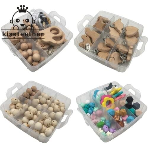 DIY Baby Teething Necklace 4 Boxed Beech Wooden Animal Teether Hexagon Beads Pacifier Clip Crochet Flower Printed Crown Beads