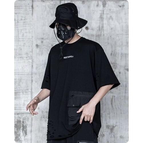 Summer short sleeve cotton T-shirt Mens clothes Harajuku loose hole streetwear oversized tops Chic High street Gothic Japanese