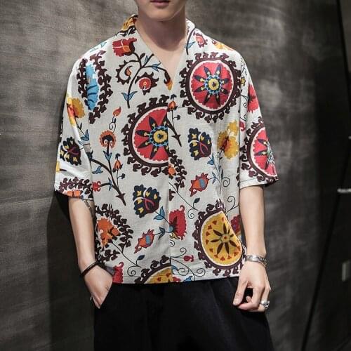 Chinese Style Cotton Linen T Shirt Men Half Sleeve Vintage Casual Men T Shirts V Neck Print Summer Fashion Hanfu Tang Suit 31027