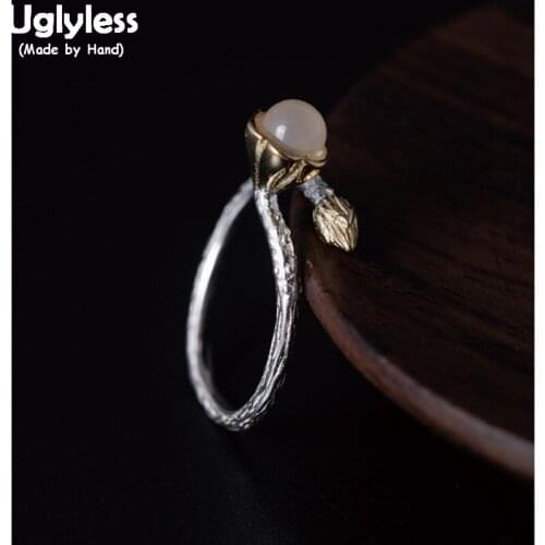 Uglyless 100% Real 925 Sterling Silver Handmade Lotus Finger Rings for Women Chalcedony Flower Open Rings Ethnic Fine Jewelry