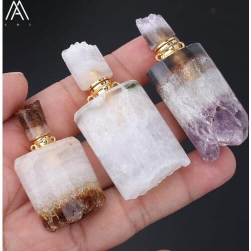 Fashion Women Small Natural Citrines Quartz Irregular Amethysts Quartz Perfume Bottles Gold Copper Chain Necklace EF-DG-72AMFE