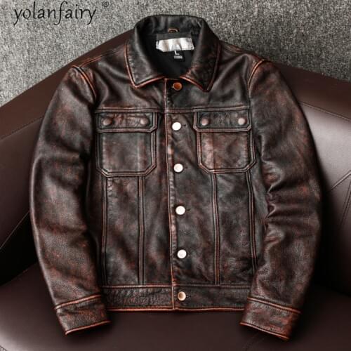 Vintage Leather Jacket Men 100% Real Cow Leather Coat Mens Motorcycle Cowhide Jackets Men Clothing Chaquetas Hombre 2021