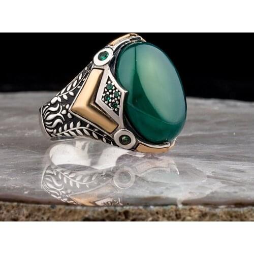 Agate Stone Pattern Silver Men 'S Ring