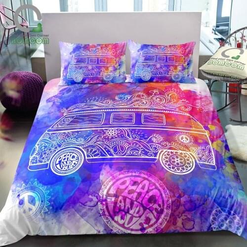 BOMCOM 3D Digital Printing Camper Van Peace Hippie Symbol Hippie Style Watercolor Duvet Cover Sets 100% Microfiber Clear