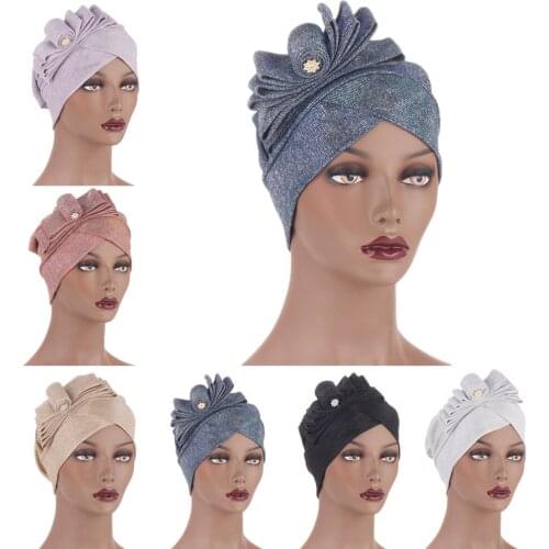 New Muslim Women Hijab Turban Glitter Shinny Headscarf Bow Beanie Bonnet Islamic Head Wrap Hair Loss Cover Party Cap Flower Hat