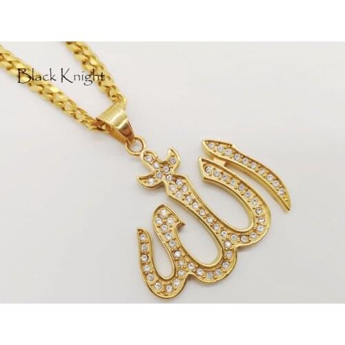 Black Knight Full Rhinestones Gold color stainless steel Allah pendant necklace Islam Bling Bling Allah necklace amulet BLKN0765