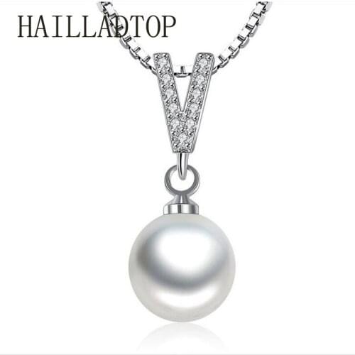 HAILLADTOP Pendent Necklace New Trendy Female Luxury V Shape Pearl Necklace CZ Pendant Necklace Jewelry for Women Wedding Gift