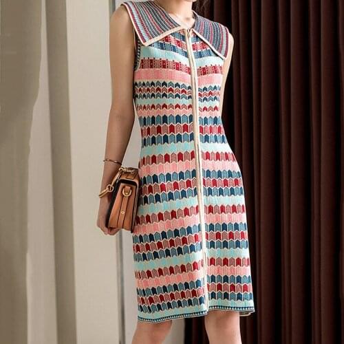 2020 Summer Dress Women Turn Down Collar Color Block Print Stripe Knitting Bodycon Dress Female Front Zipper Slim Sweater Dress