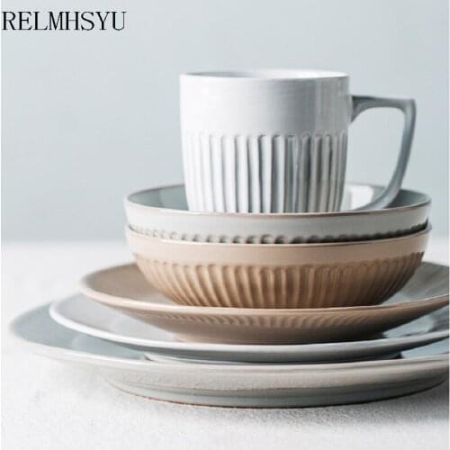 RELMHSYU Retro Nordic Style Ceramic Rice Bowl Soup Dinner Bowl Food Steak Dinner Plate Tableware Personalized Restaurant