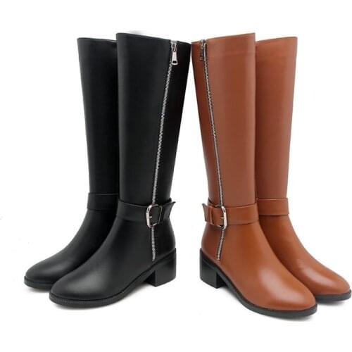 2021 Newest Genuine Leather +Pu Knee High Boots Women Thick Bottom Chelsea Boots Solid Colors Popular Casual Shoes Woman
