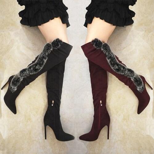 Fashion Womens Shoes with Real Rabbit Fur Decoration Stiletto Pointed Toe Womens Winter High Boots Ladies Over the Knee Boots