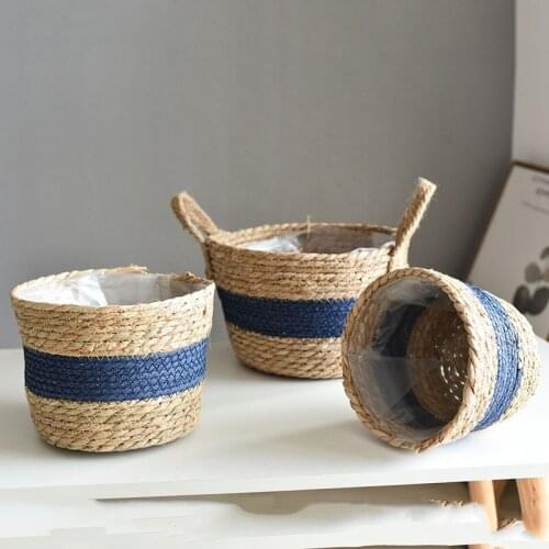 Rustic Handwoven Straw Flower Pot Indoor Plants Container Laundry Picnic Toy Storage Basket Garden Home Decoration