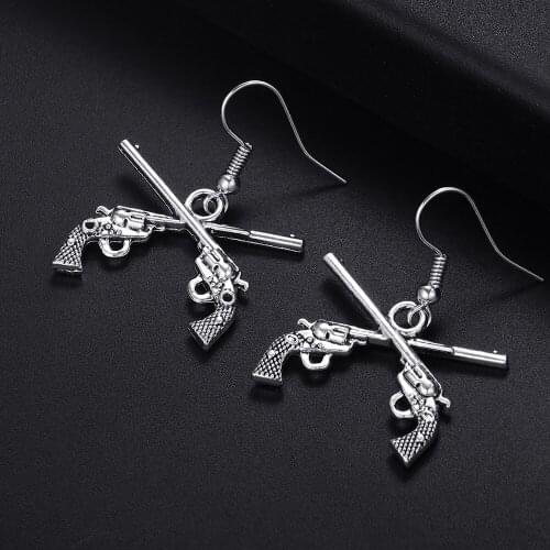 Vintage Revolver Gun Shape Antique Silver Plated Punk Hiphop Rock Style Retro Drop Earrings for Women Girl & Man Party Jewelry