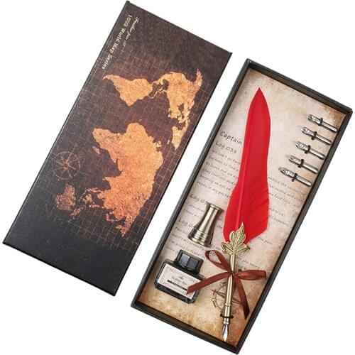 Vintage Antique Feather Dip Pen Metal Nibbed Pen Ink Writing Quill Scrapbook Feather Pen Set Creative Birthday Gift Fountain Pen