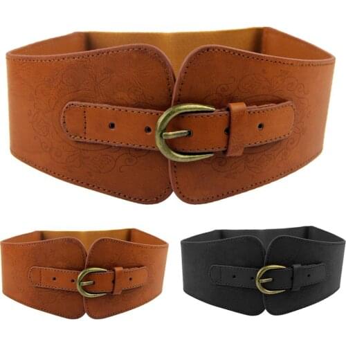 Vintage Women Faux Leather Buckle Elastic Wide Belt Strap Solid Color Waistband