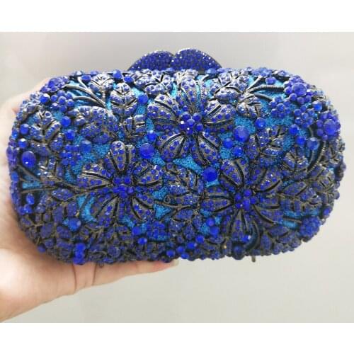 WHTUOHENG Blue Rhinestone Purses And Handbags 100% Handmade Flower Party Prom Clutches Mini Crystal Evening Shoulder Handbags