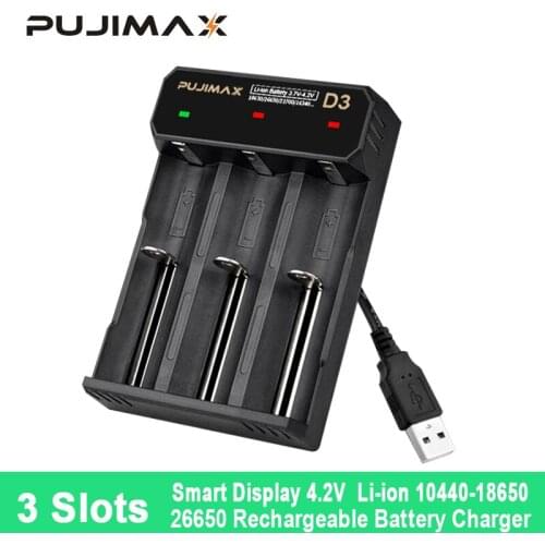 PUJIMAX 18650 Li-ion Battery Charger 3 Slots Smart USB Charging For 26700 26650 21700 14500 22650 Lithium Rechargeable Batteries
