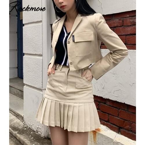 Rockmore Pleated High Waisted A-Line Mini Skirts Women Khaki Streetwear Summer Skirt Woman Casulal Solid Skirts Womens 2020 Club