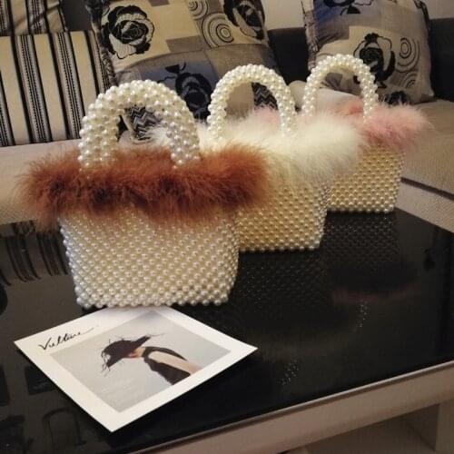 Fashion Handmade Faux Fur Pearl Evening Women Hand Woven Panelled Beaded Tote Purses Cute Shoulder Bag