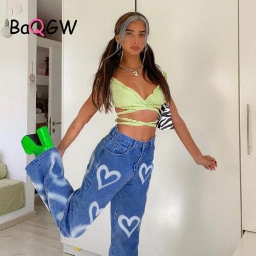 BaQGW Vintage Heart Printed Baggy Jeans Women High Waist Harajuku Aesthetic Jeans Denim Pants Streetwear Autum Spring Trousers