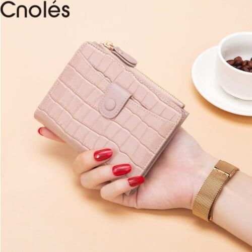 Cnoles Leather Womens Wallet Female Short Retro two-fold Folding Student Version Simple Multi-card Crocodile Pattern Coin Purse