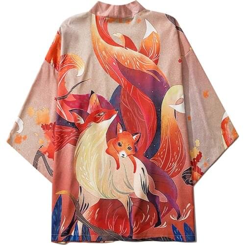 Anime Nine Tailed Fox Print Kimono Female Women Asian Clothes Cardigan Shirt Women Traditional Haori Japanese Yukata Cosplay