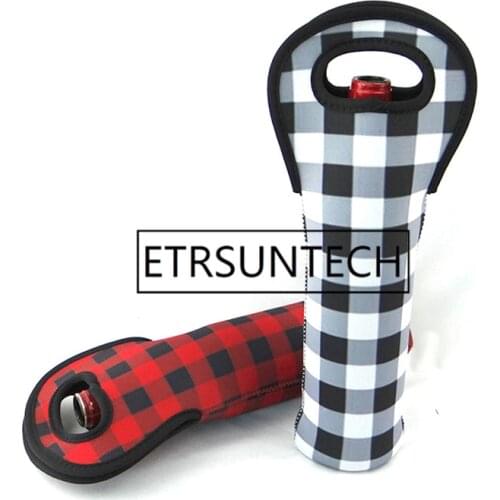 100pcs/lot Baseball Christmas Red Check Wine Bag Wholesale Blanks Neoprene Buffalo Plaid Cooler Covers Wedding Gift Wraps