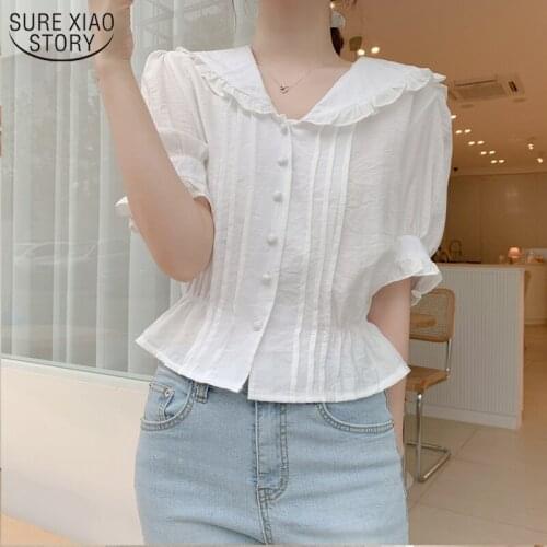 2021 Summer Tops Button Preppy Style New Peter Pan Colla Blouses Ladies Short White Shirt Ruffles Blouse Women Clothes 10103