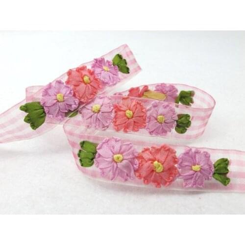 4Colors|3/4 inch Embroidered Floral Checkered Ribbon Trim|Three Flowers in a Row|Unique|Colorful|Woven Chiffon Organza Ribbon