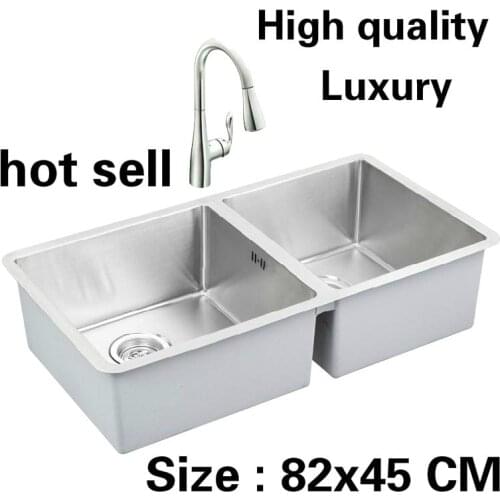 Free shipping Apartment luxury wash vegetables kitchen manual sink double groove big 304 stainless steel 82x45 CM
