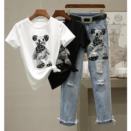 One-piece/Set Ladies Sportswear Ladies Ropa Mouji Two-piece Embroidered T-Shirt Top + Ripped Jeans Crop Crop Top Road Moody