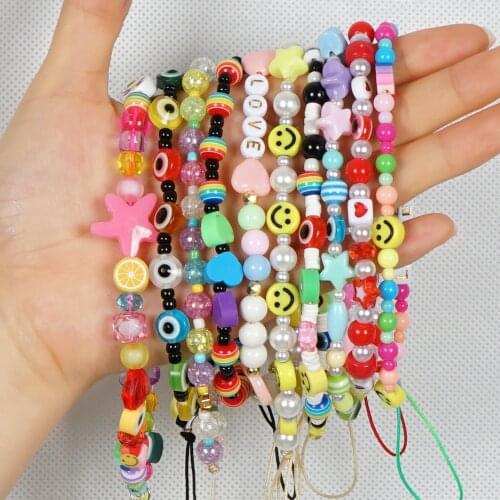 Kissme Colorful Acrylic Beads Smile Evil Eye Mobile Phone Chains For Women Cellphone Strap Anti-lost Lanyard Fashion Accessories