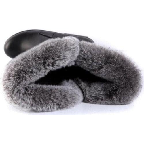 Elegant Office Long Boots Women Genuine Leather Rabbit Fur Platform Thigh High Boots Winter Zipper Thick Heels Knight Booties