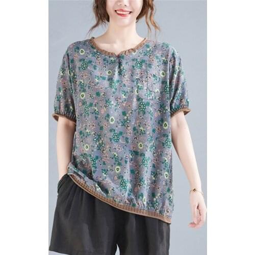 Women Cotton Linen Casual T-shirts New Arrival 2021 Summer Vintage Style Floral Print Loose Female Short Sleeve Tops Tees S3660
