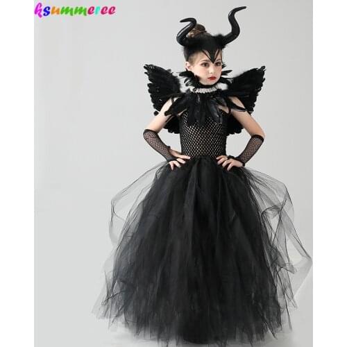 Maleficent Evil Queen Girls Halloween Costume Kids Gothic Black Glam Gown Tutu Dress Children Carnival Cosplay Villain Clothing