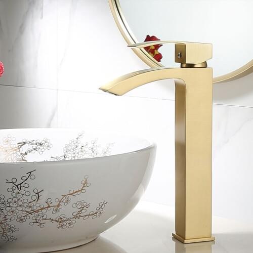 Bathroom Basin Faucet Solid Brass Sink Mixer Crane Tap Hot & Cold Deck Mounted Single Handle Waterfall Faucet Brushed Gold