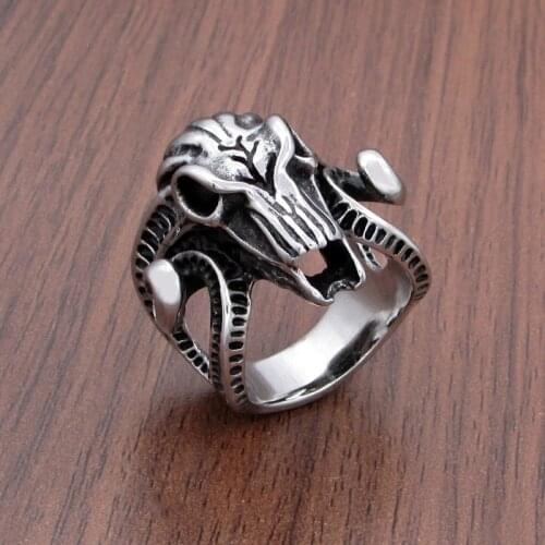 Free Shipping 316L Stainless Steel Nose Viking Ancient Dish Sheep Head Skull Man Ring Vintage Opening Ring Fashion Jewelry