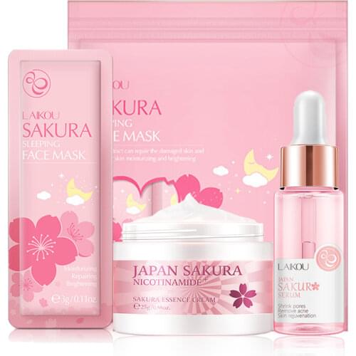 Face Skin Care Set Cherry Blossom Essence Moisturizing Collagen Face Cream & Face Serum & Facial Sleeping Mask Beauty Makeup Set