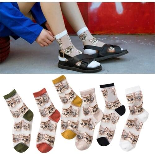 3Pairs Fashion Women Cats Print Elastic Ultrathin Transparent Middle Tube Socks