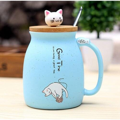 New sesame cat heat-resistant cup color cartoon with lid cup kitten milk coffee ceramic mug children cup office gifts(skyblue)