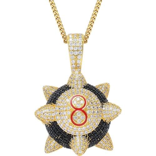 Hip Hop Necklace Black 8 Meteor Hammer Pendant Full of Zircon Hip Hop Trendsetter Personality Necklace Men