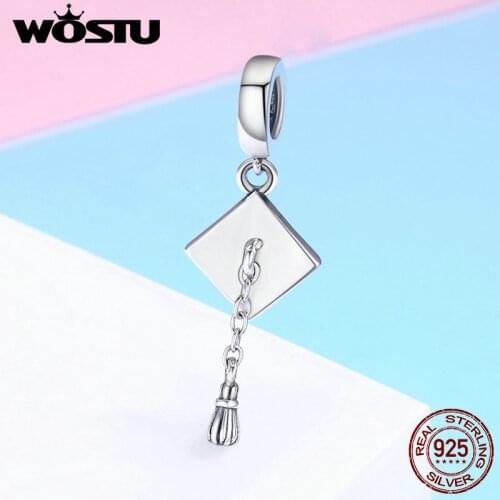 WOSTU Popular 925 Sterling Silver Graduate Trencher Cap Long Tassel Pendant Charm fit Women Bracelet DIY Jewelry Gift FIC459