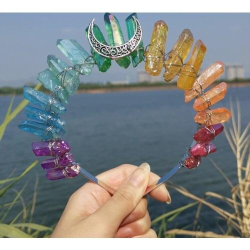 Romantic Colorful Jewelry Tiara Crown Rainbow Raw Quartz Crystal Headband Ethnic Antique Crescent Moon Metal Hair Hoop
