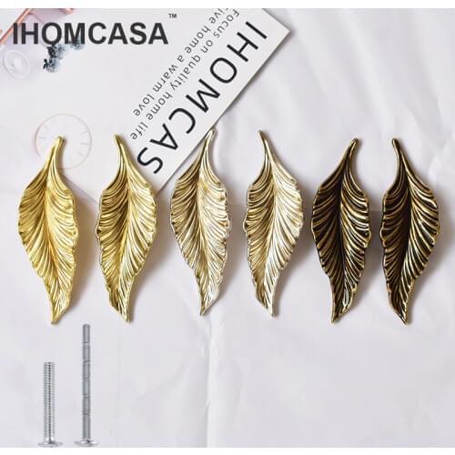 IHOMCASA Gold Tree Leaf Copper Furniture Kitchen Handles Cabinet Knob for Wardrobe Drawer Door Pulls Vintage Brass European