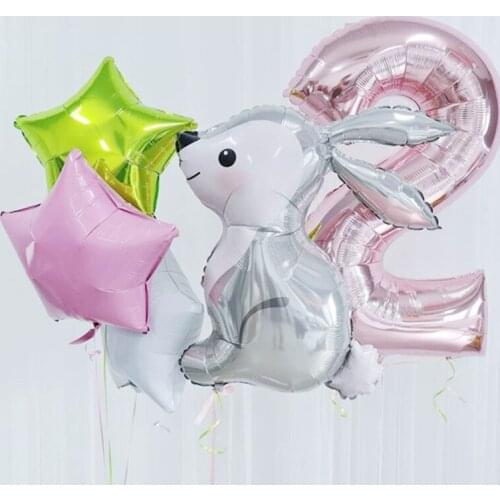 Gray Cartoon Figure Cute Rabbit Balloons Helium Foil 1 2 3 Globos Happy Kid Birthday Party Set Decorations Girl Boy Baby Shower
