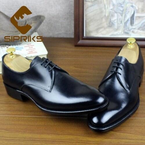 Sipriks Mens Goodyear Welted Shoes Italian Handmade Calf Leather Formal Evening Shoes Glossy Dress Black Wedding Suit Man Derby